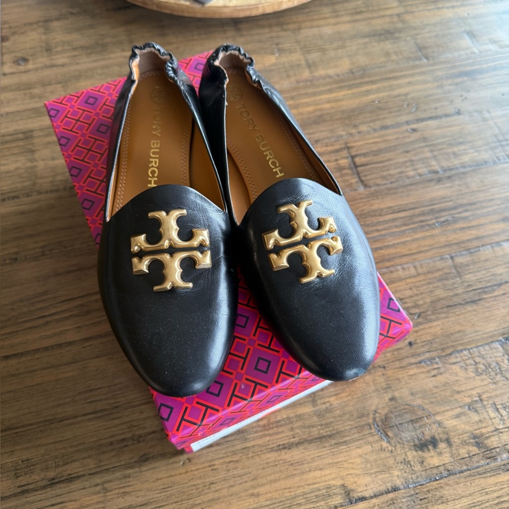 Tory Burch Black Leather Logo Loafer Flats